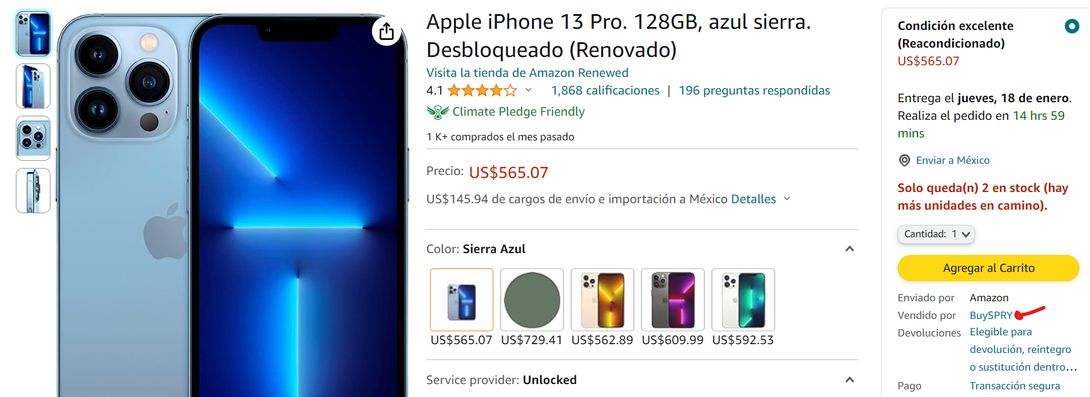  Apple iPhone 13 Pro Max, 128 GB, Azul Sierra - Desbloqueado  (Renovado) : Celulares y Accesorios