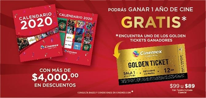 Cinemex: Calendario 2020, $ 99 (89 Con Invitado Especial 