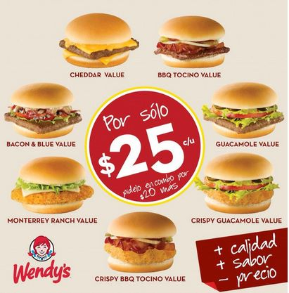 Wendys: menú de hamburguesas a $25 y combos a $45  