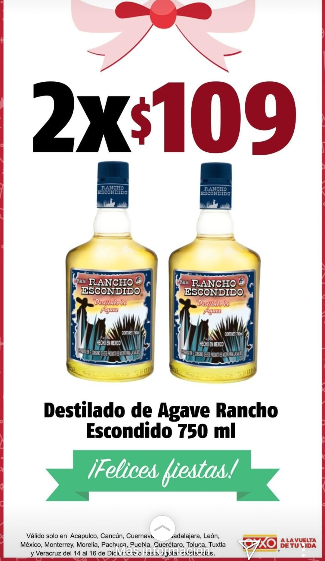 ¿Cuánto cuesta el tequila Rancho Escondido en Oxxo?