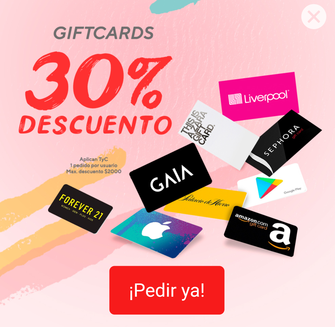 Rappi 30 de descuento tarjetas de regalo todos usuarios