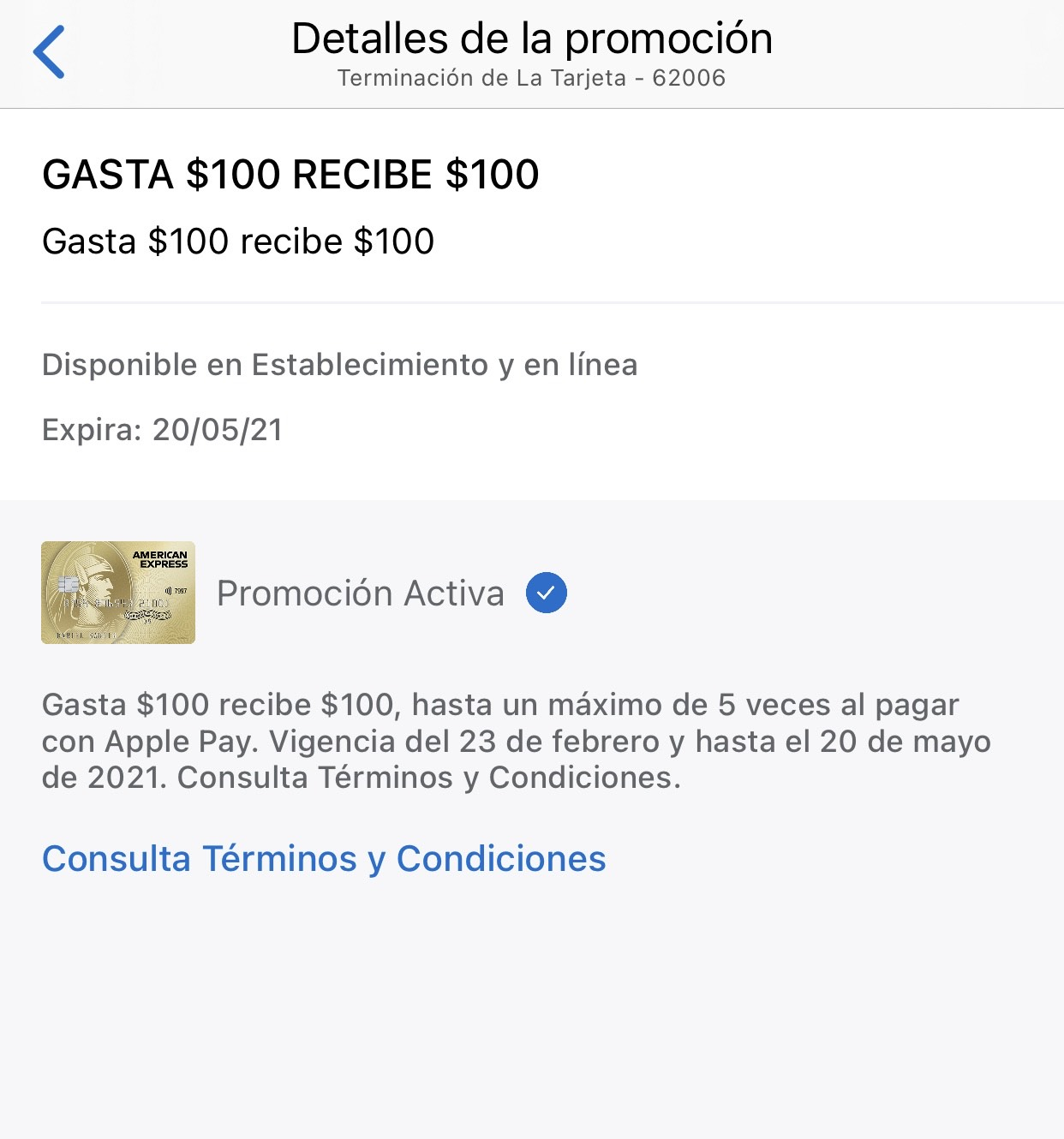 American Express, Hasta $500, al usar Apple Pay