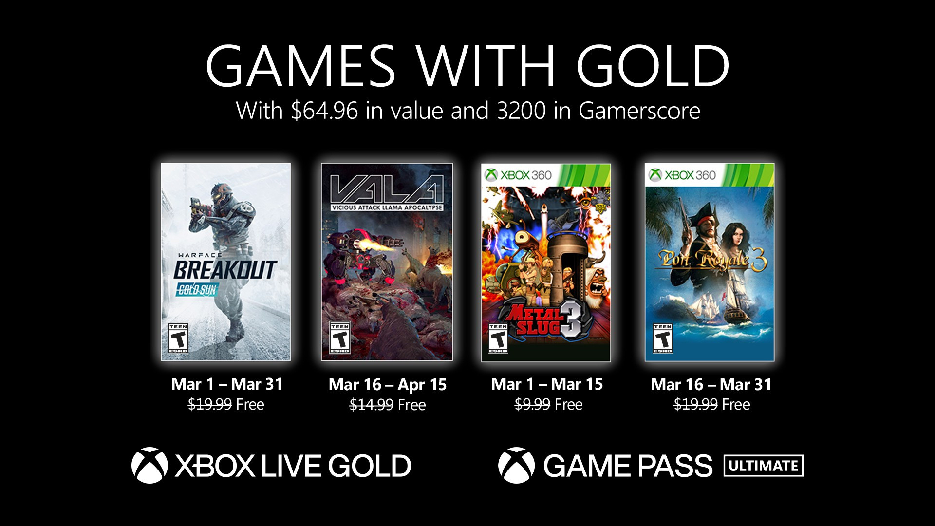 Xbox Games With Gold Marzo: Warface: Breakout, Metal Slug 3, Port Royale 3, Vicious Attack Llama Apocalypse