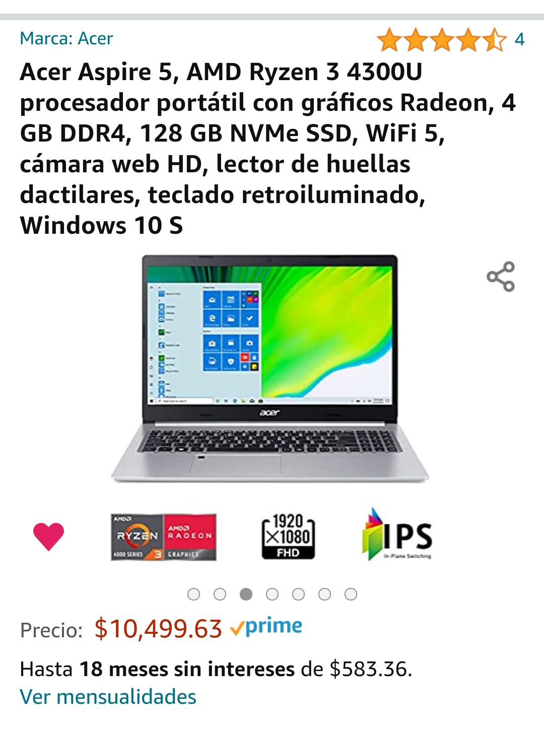 Amazon: Acer Aspire 5, AMD Ryzen 3 4300U procesador portátil con gráficos Radeon, 4 GB DDR4, 128 GB NVMe SSD, WiFi 5,