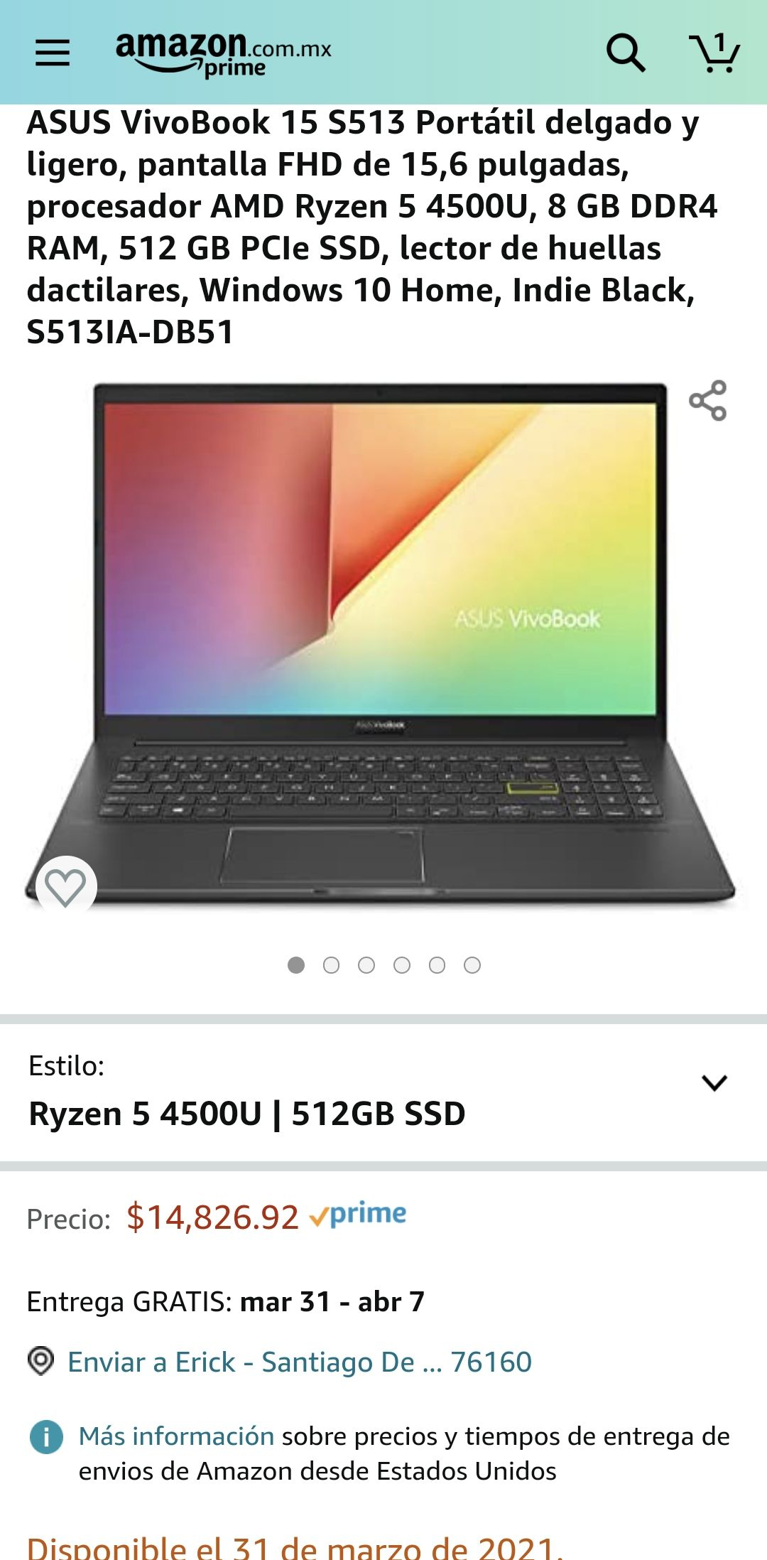 Amazon: Laptop Asus Vivobook 15, Ryzen 5 4500U, 8GB de RAM, 512 SSD, FHD