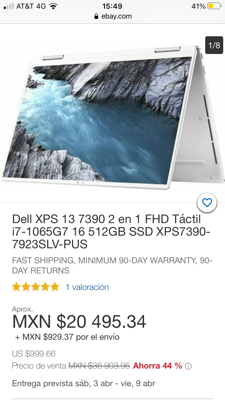 eBay: Laptop Dell XPS 13 7390 2 en 1 FHD Táctil i7-1065G7 16 512GB SSD XPS7390-7923SLV-PUS