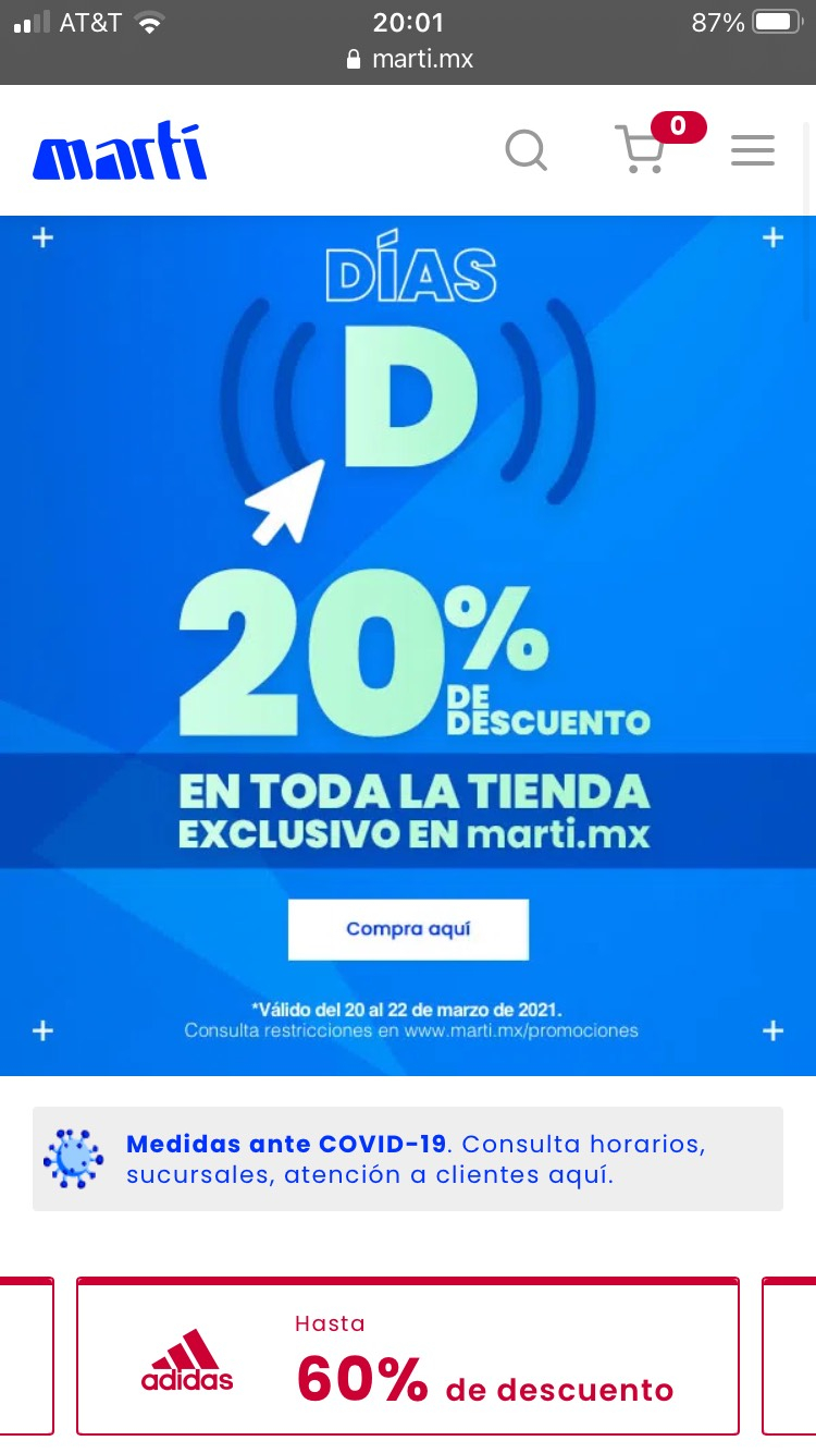 20% toda la tienda y Descuentos de hasta 50% Marti en línea