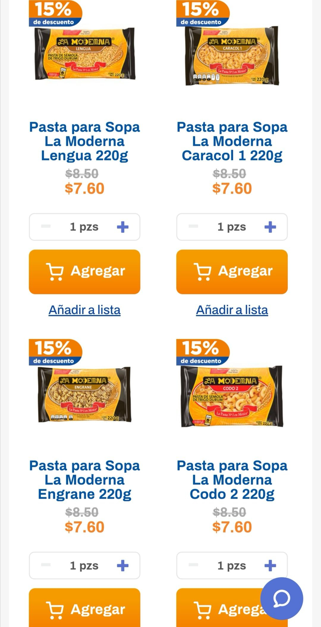 Chedraui: 15% de descuento en pasta para sopa La Moderna 220 g.