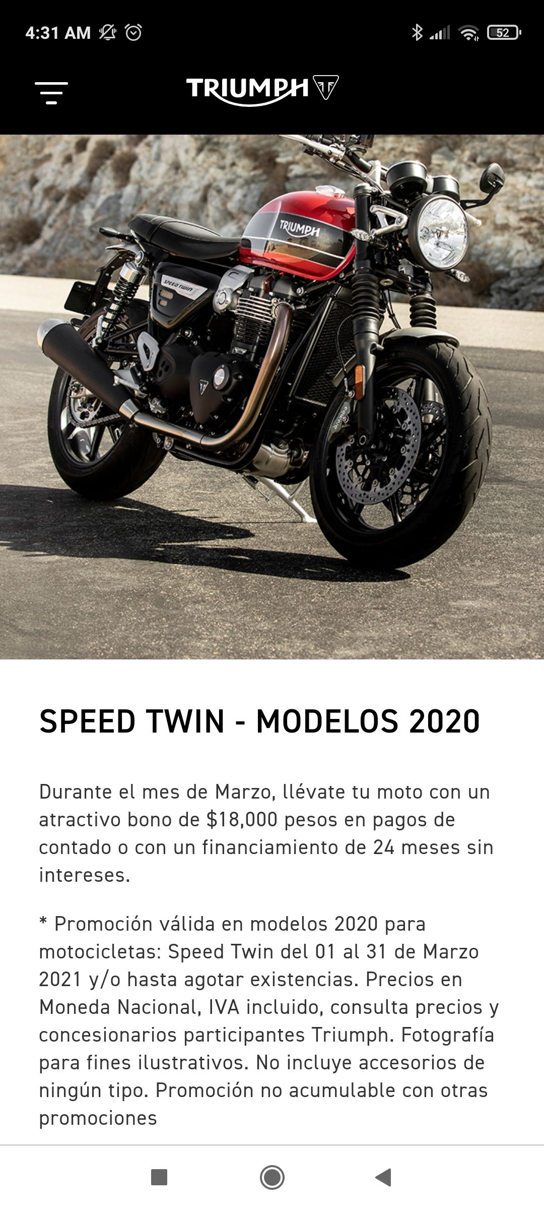 Triumph: speed twin 2020 a 24 meses sin intereses o bono de 18000 al contado