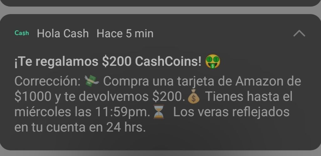 Hola Cash: $200 Cashback al comprar tarjeta Amazon de $1000