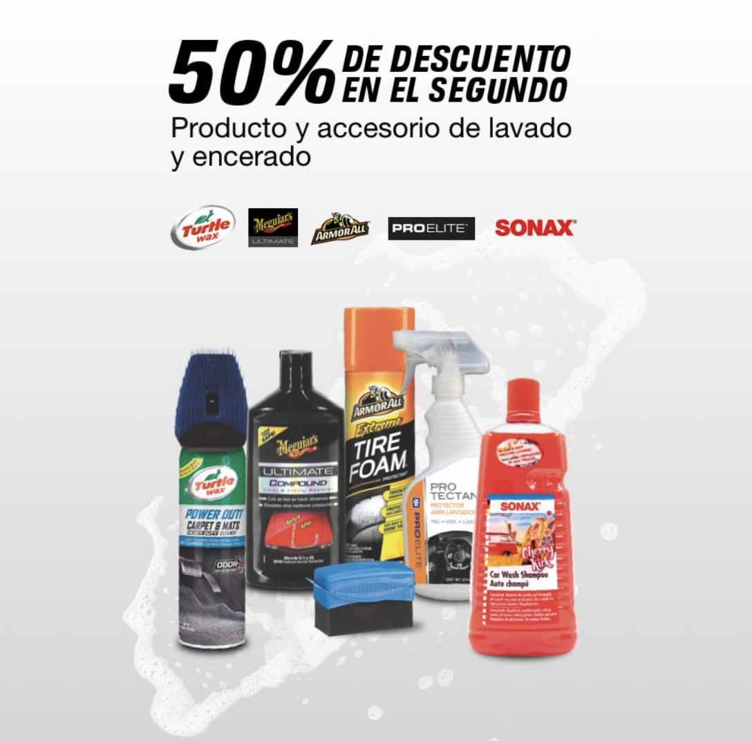 Autozone: 50% de descuento en el 2do proucto o ccesorio de lavado y encerado