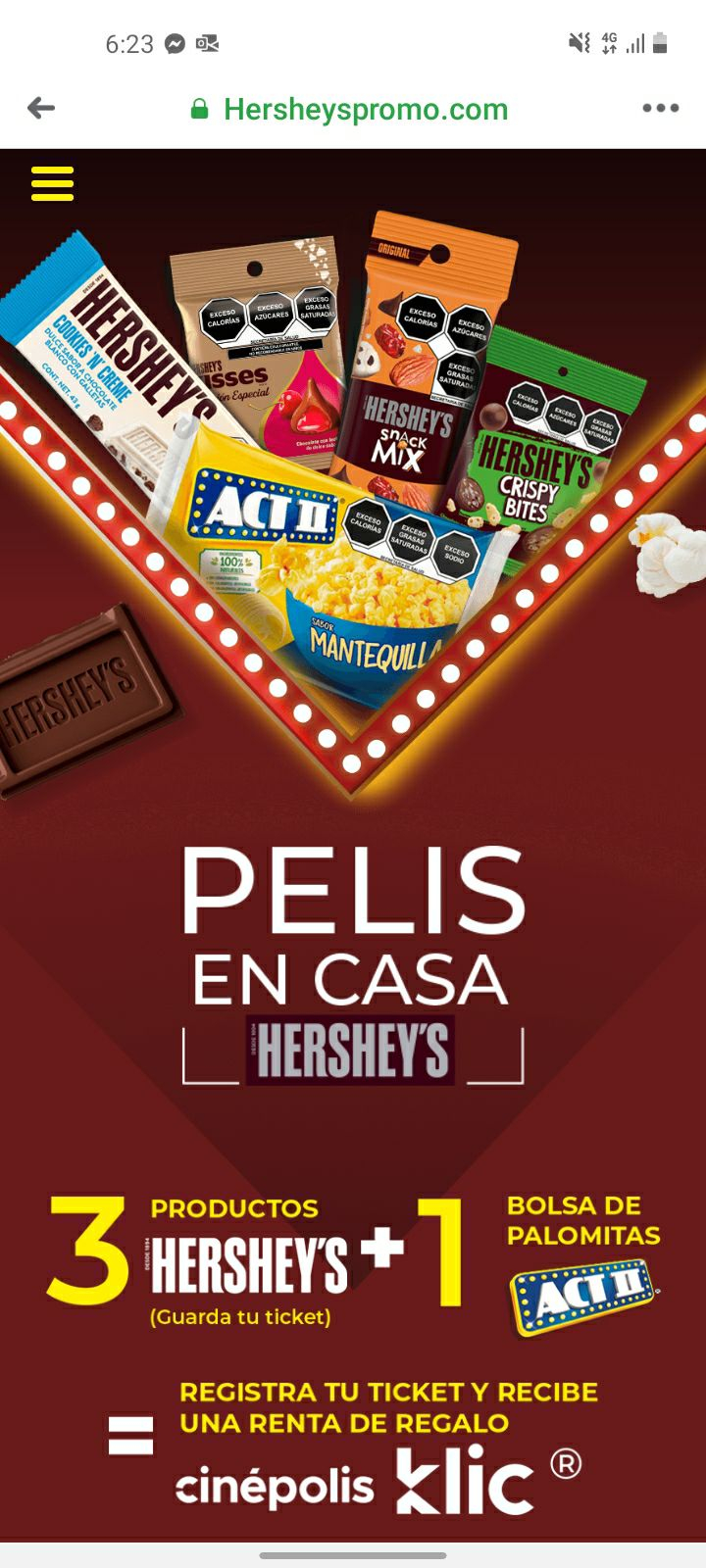 Cinepolis Klic: Compra 3 artículos Hershey's y unas Act II y llévate gratis una renta en Cinepolis Klic