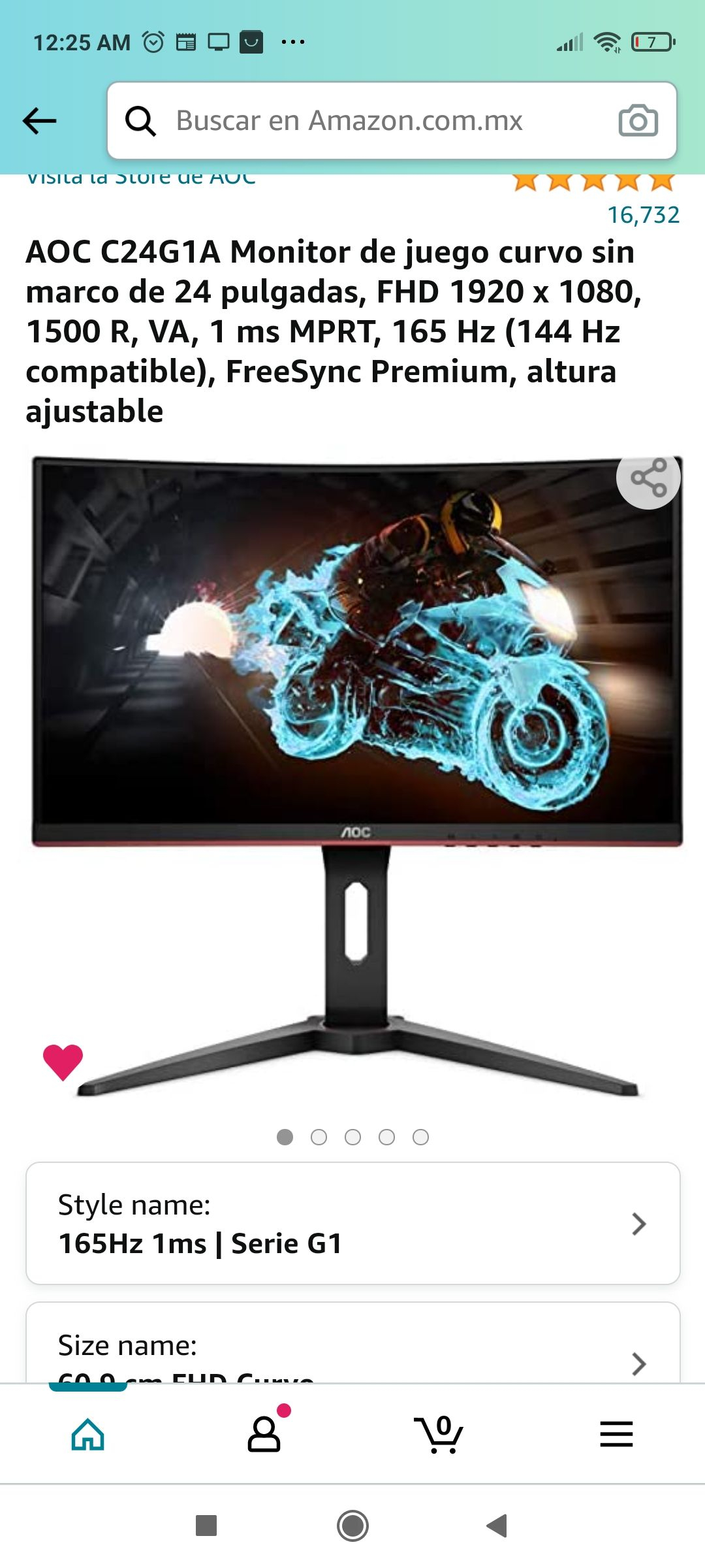 Amazon: AOC C24G1A Monitor de juego curvo 165hz sin marco de 24 pulgadas