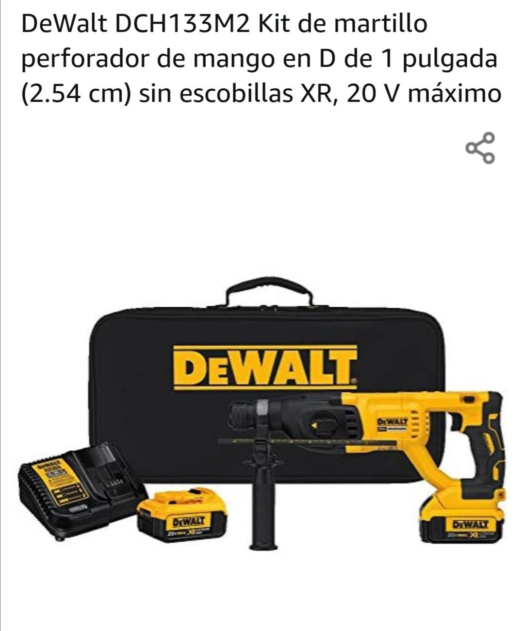 Amazon: DeWalt DCH133M2 Kit de martillo perforador de mango en D de 1 pulgada (2.54 cm) sin escobillas XR, 20 V máximo