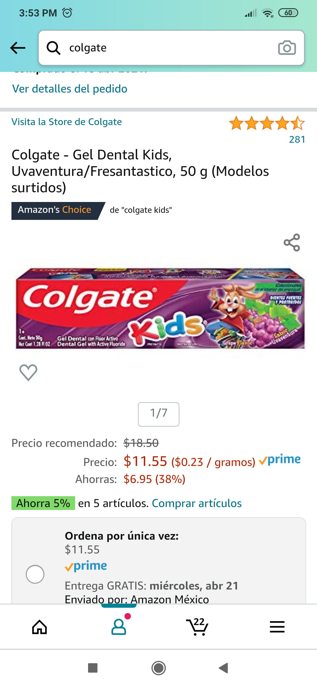 Amazon: 5 piezas de Colgate - Gel Dental Kids, Uvaventura/Fresantastico, 50 g