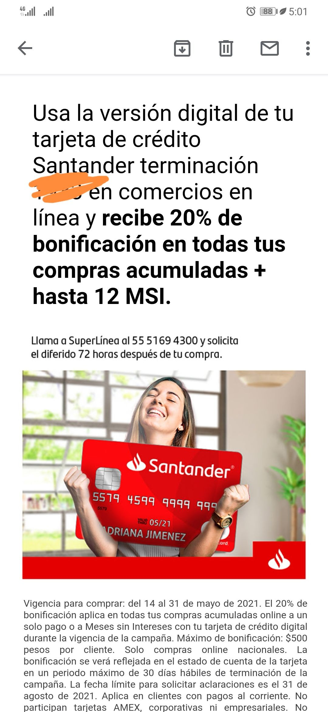 Santander 20% de bonificación con tarjeta digital del 14 al 31 de mayo