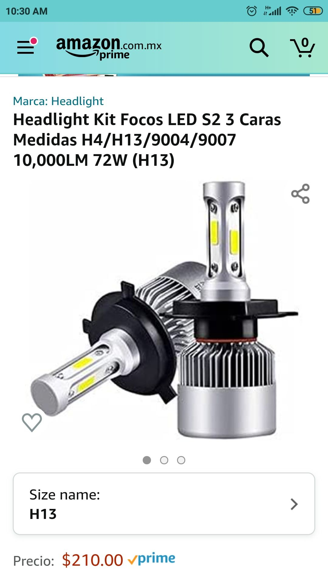 Amazon, Headlight Kit Focos LED S2 3 Caras Medidas H4/H13/9004/9007 10,000LM 72W (H13)