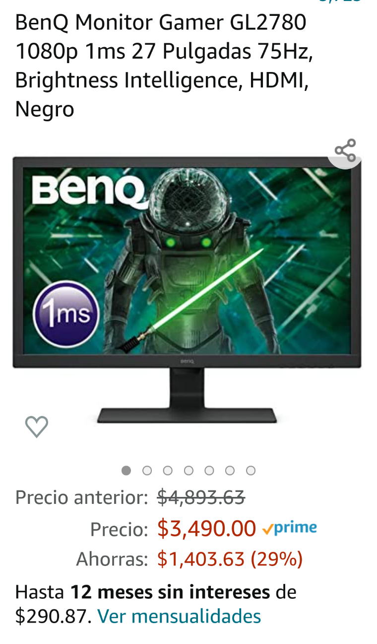 Amazon: BenQ Monitor Gamer GL2780 1080p 1ms 27 Pulgadas 75Hz