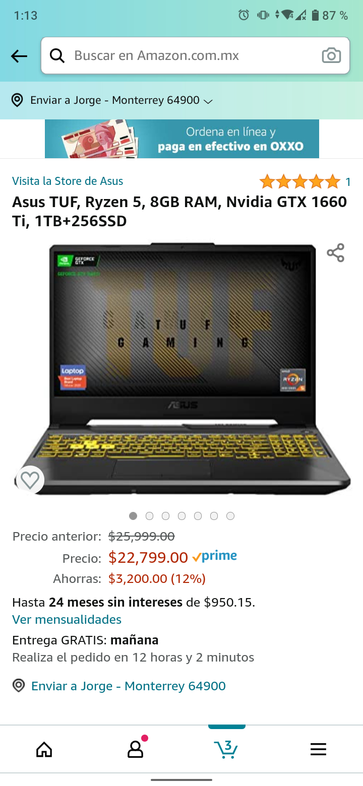 Amazon: Asus TUF, Ryzen 5, 8GB RAM, Nvidia GTX 1660 Ti, 1TB+256SSD pagando con Banorte ($20,519 solo con cupón)