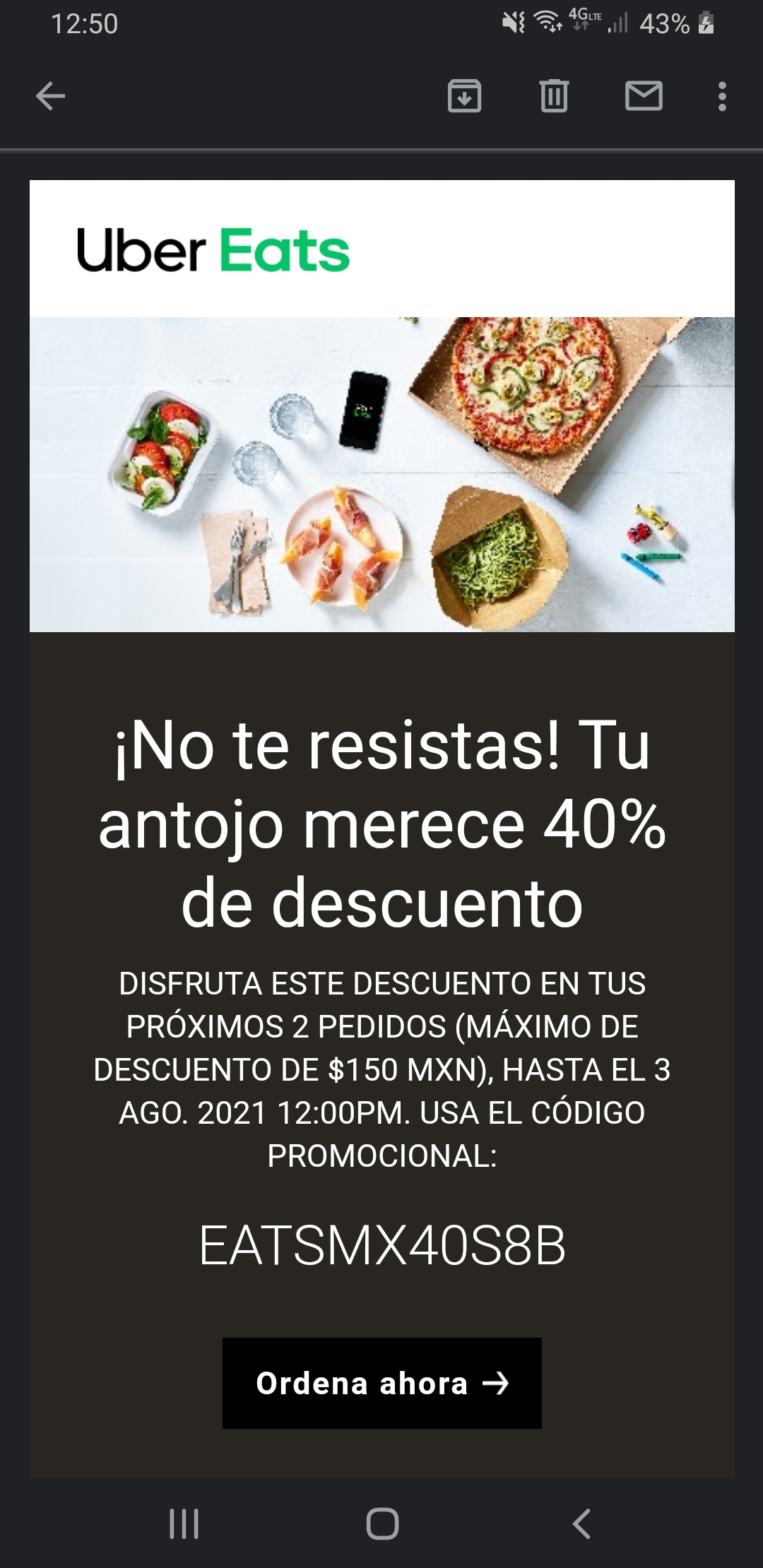 Uber Eats 40 de descuento en tus próximos 2 pedidos