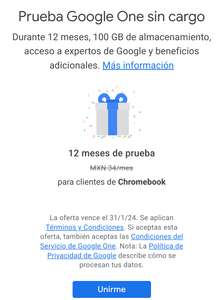 Google One: 12 Meses gratis canjeandolo desde Chromebook