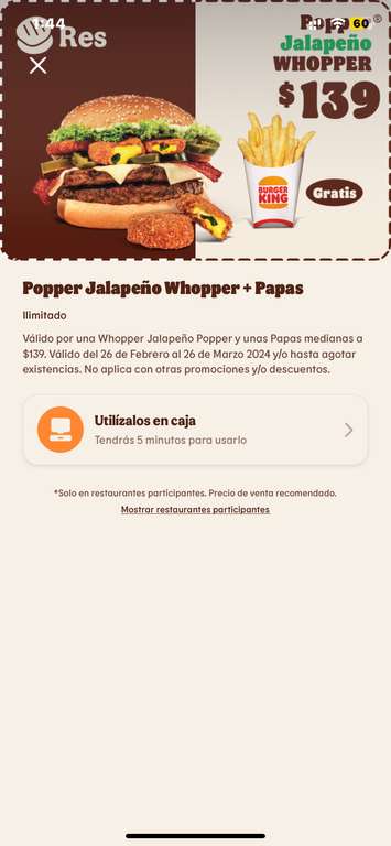 Whopper Jalapeño Popper (Burger King solo en la App)