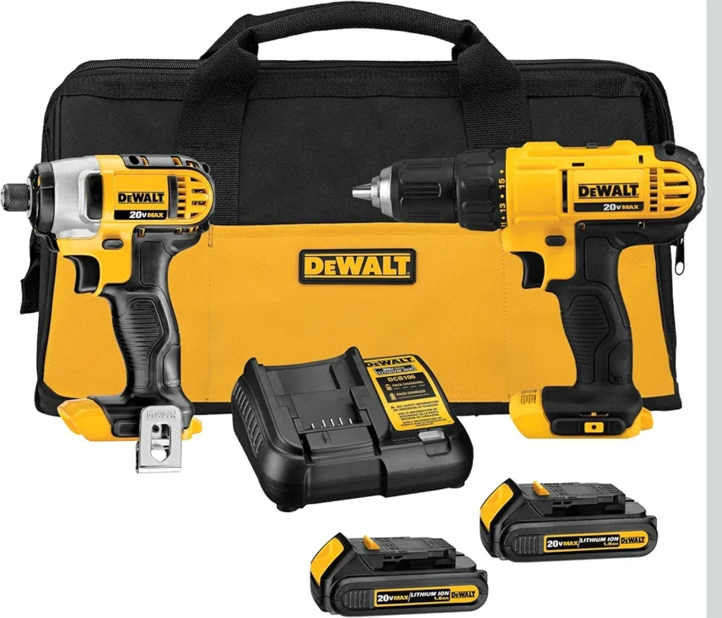Amazon: DEWALT Kit Taladro Atornillador y Llave de Impacto 20V, Bolsa, DCK240C2