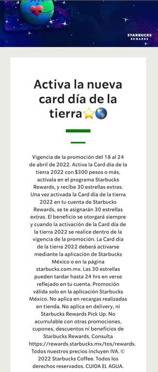 Starbucks Rewards tarjeta dia de la tierra