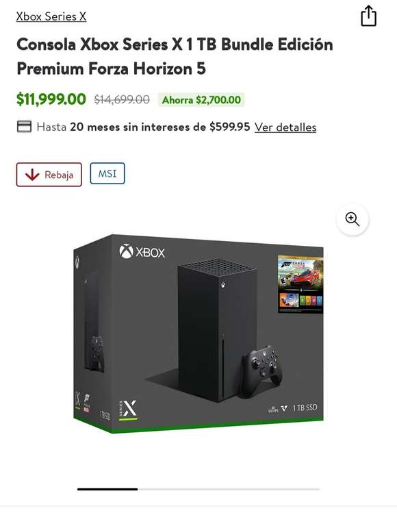 Walmart: Xbox series x bundle premium Forza Horizont 5 con BBVA
