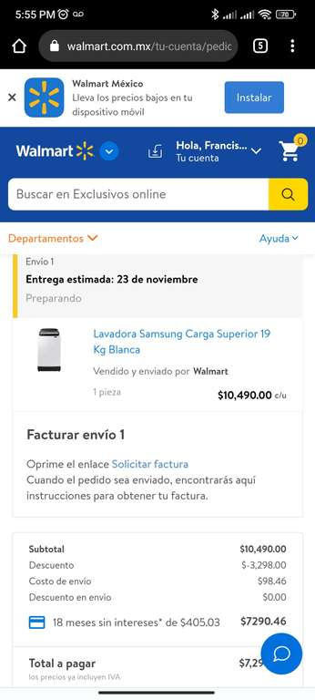 Walmart: Lavadora Samsung Carga Superior 19 Kg Blanca con BBVA