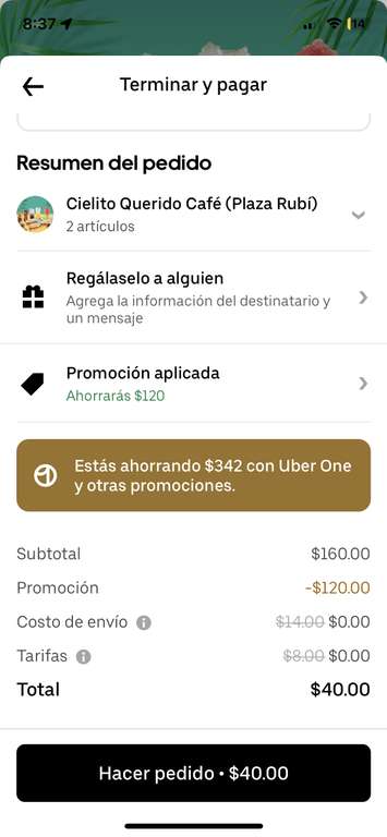 Uber Eats: Cielito Querido Café - Uber One 4 bebidas granizadas por $40