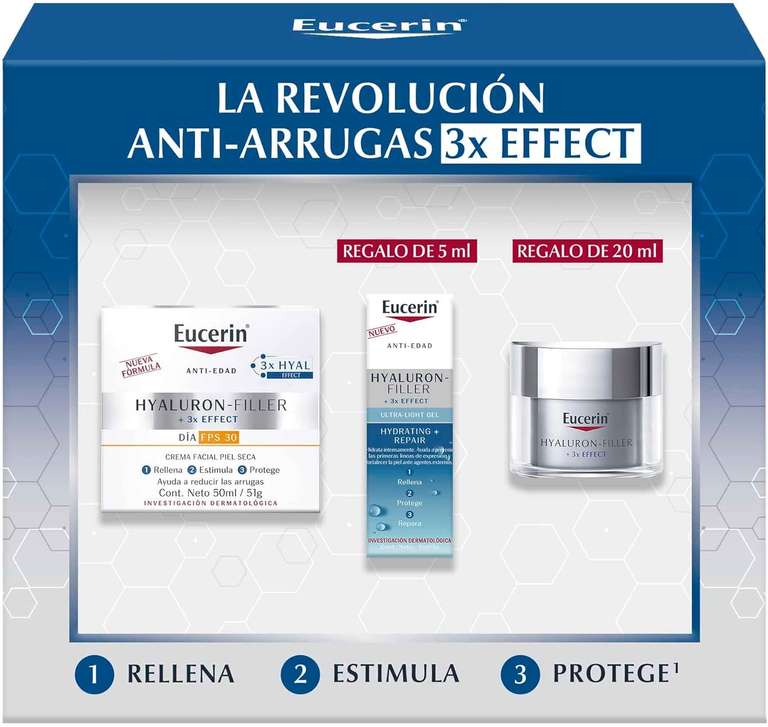 Amazon México: Eucerin + Effect Dia SPF50, 50 ml + Effect crema de Noche 20 ml + Repair Ultra-Light Gel 5 ml