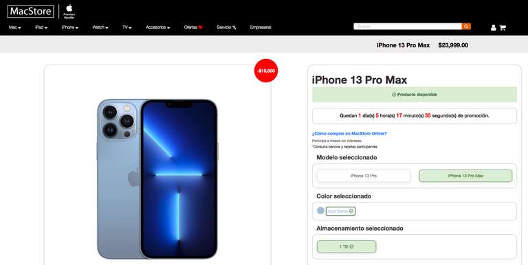 MacStore: iPhone 13 Pro (512 GB y 1TB) y 13 Pro Max (1TB)