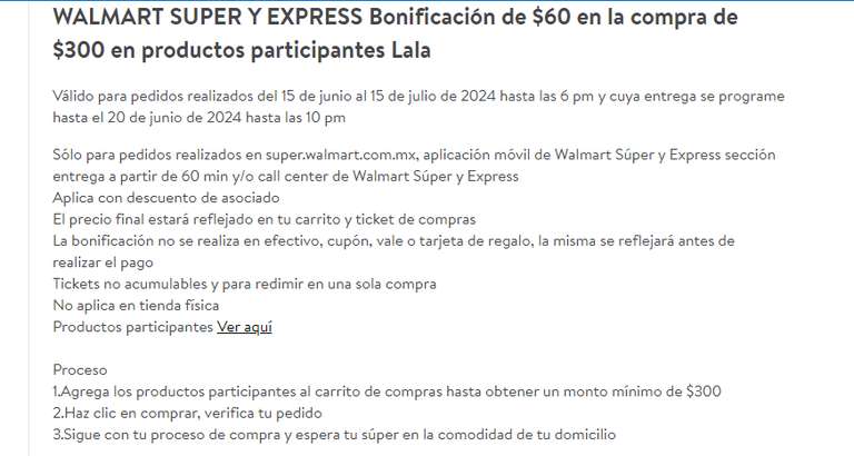 Walmart Super y Express $60 descuento en la compra de $300 productos lala