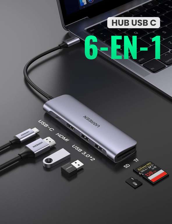 Amazon: UGREEN HUB USB C, 6 en 1 Adaptador a HDMI 4K, 2 USB 3.0 Puertos, Lector Tarjeta SD TF, PD Carga para Macbook Pro/Air M2 M1