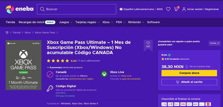 ENEBA GAME PASS ULTIMATE CANADA - Xbox Game Pass Ultimate – 1 Mes de Suscripción (Xbox/Windows) No acumulable Código CANADA