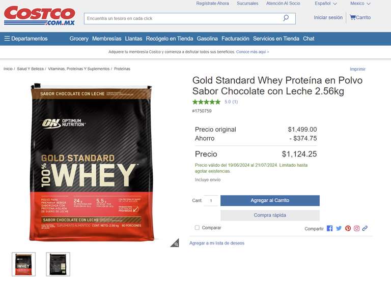 Costco: Gold Standard Whey Proteína en Polvo Sabor Chocolate con Leche 2.56kg