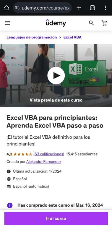Udemy: Excel VBA para principiantes: Aprenda Excel VBA paso a paso
