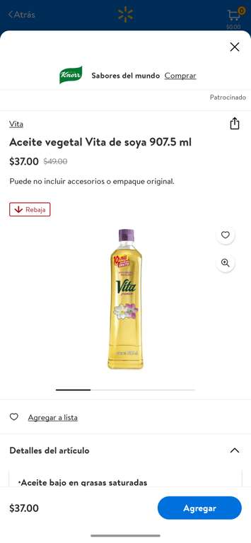 Walmart: Aceite vegetal Vita de soya 907.5 ml