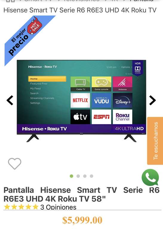 Pantalla Hisense Smart TV Serie R6 R6E3 UHD 4K Roku TV 58" con Santander y Mercado Pago
