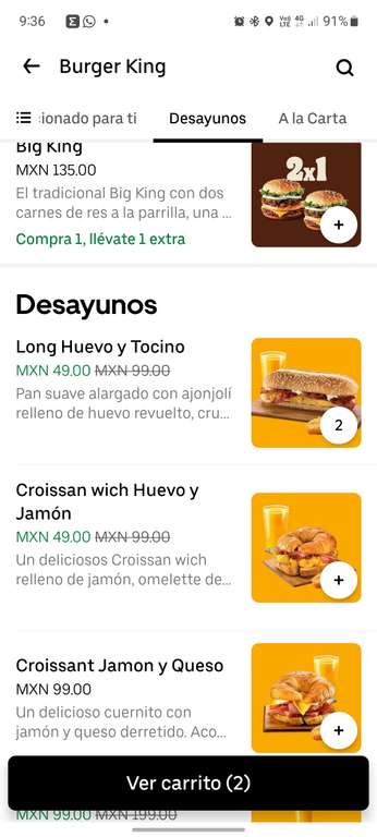 Uber eats: desayunos en oferta en Burger king