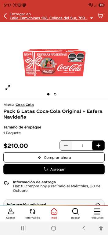 Coca Cola: Pack 6 Latas Coca-Cola Original + Esfera Navideña ...