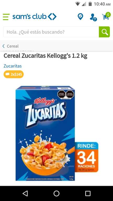 Sam's club, cereal Zucaritas Kellogg's de 1.2 k, 2 cajas por $145
