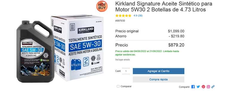 Costco, 2 Botellas de 4.73 Litros Kirkland Signature Aceite Sintético para Motor 5W30