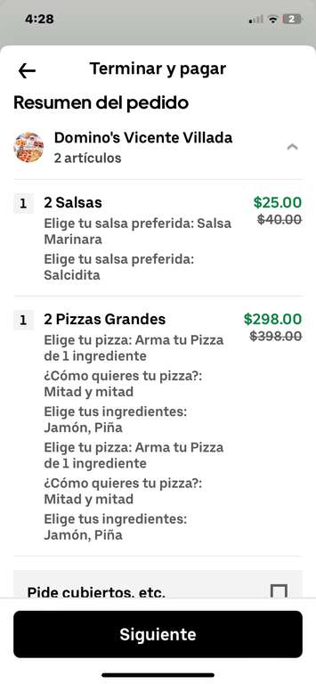 Domino’s Pizza en Uber Eats (Miembros One): 2 Pizzas Grandes de 1 ingrediente (o mitad y mitad) y 2 salsas