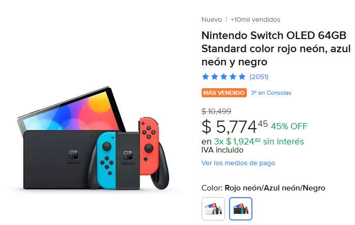 MercadoLibre: Nintendo Switch OLED 64GB Standard color rojo neón, azul neón y negro + Pagando con HSBC