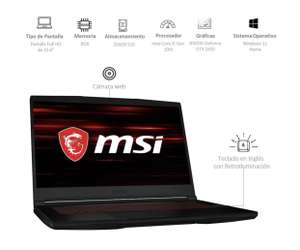 Bodega Aurrera: Laptop MSI GF63 Thin Gaming 15.6" Full HD IPS , i5 10500H (6 núcleos/12th, 4,50 GHz ) GTX 1650, 8GB RAM, 256GB SSD NVMe