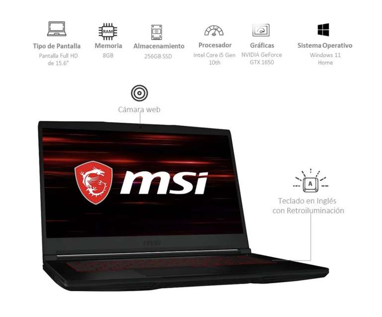 Bodega Aurrera: Laptop MSI GF63 Thin Gaming 15.6" Full HD IPS , i5 10500H (6 núcleos/12th, 4,50 GHz ) GTX 1650, 8GB RAM, 256GB SSD NVMe