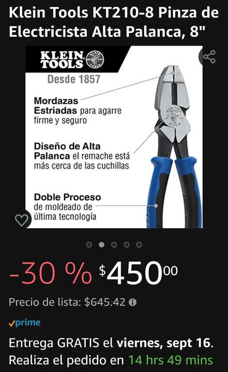 Amazon Klein Tools KT210-8 Pinza de Electricista Alta Palanca, 8"