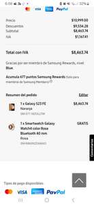 Samsung Store: Galaxy S23 FE naranja + Galaxy Watch Rosa de 40 mm ($7,620 primera compra) sin promos bancarias del hot sale